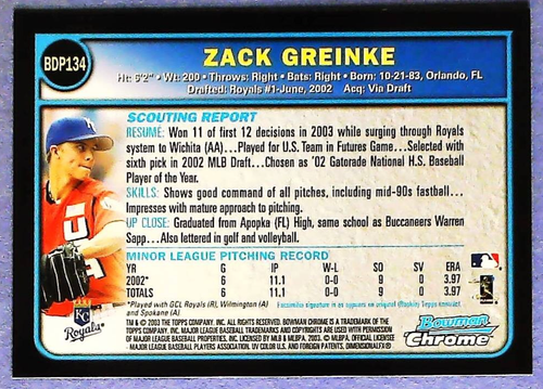 Tarjeta de novato Bowman 2003 base cromada #BDP134 de Zack Greinke - Kansas City Royals - Imagen 2 de 2