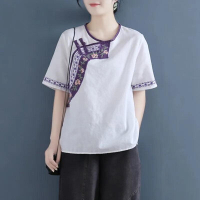 Cotton Lady Embroidered T-shirt Top Blouse Retro Chinese Short Sleeve Floral Tee