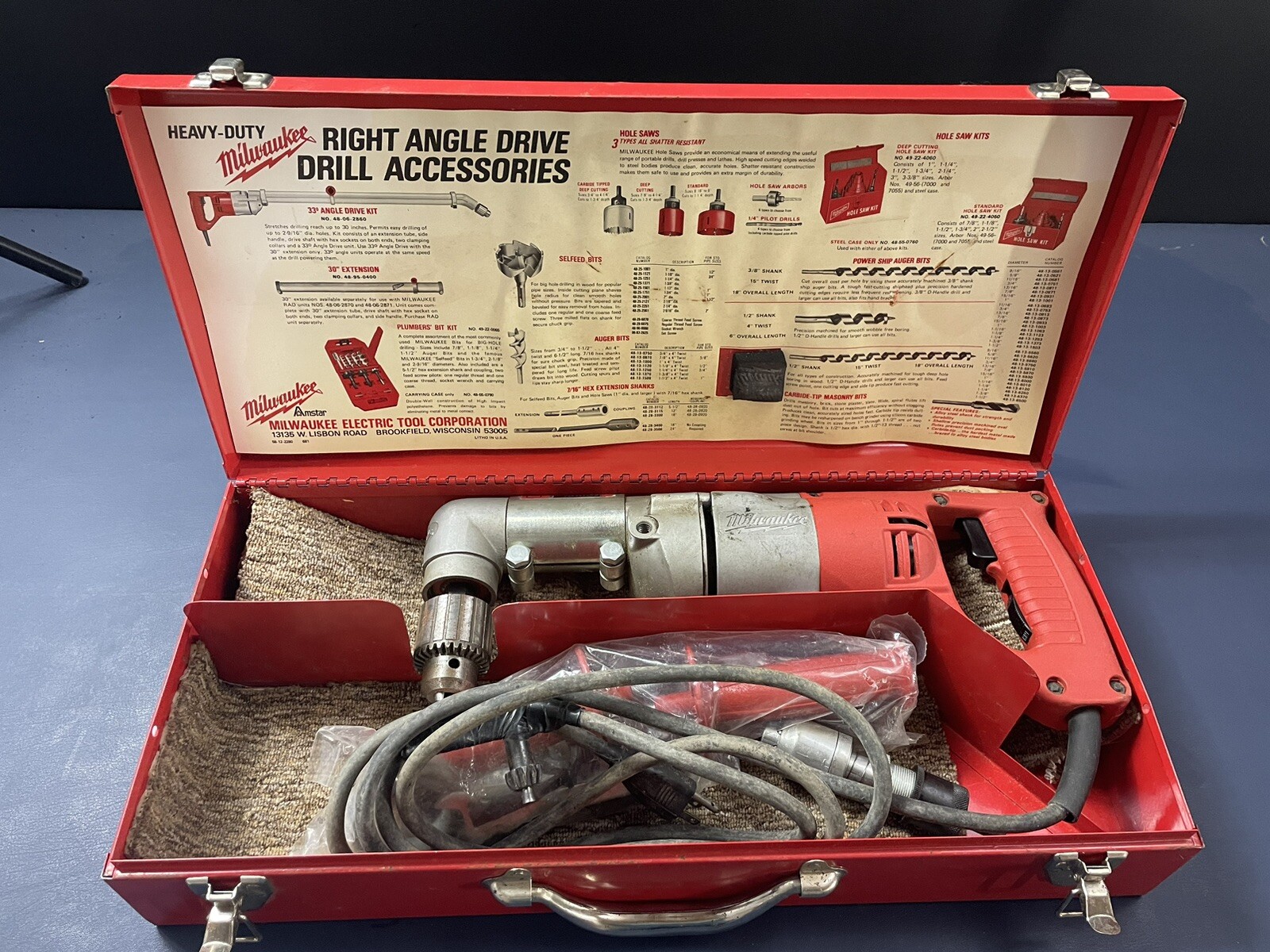 MILWAUKEE 1001 1 RIGHT ANGLE PLUMBER DRILL KIT 11011 OLD STOCK METAL