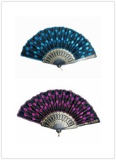 Handmade Blue and Hot-Pink Embroidered Peacock Pattern Sequin Fabric Hand Fan