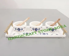 Marble  Salt Pepper Condiment Bowl and Tray Set  with Brass & Wood Spoon 