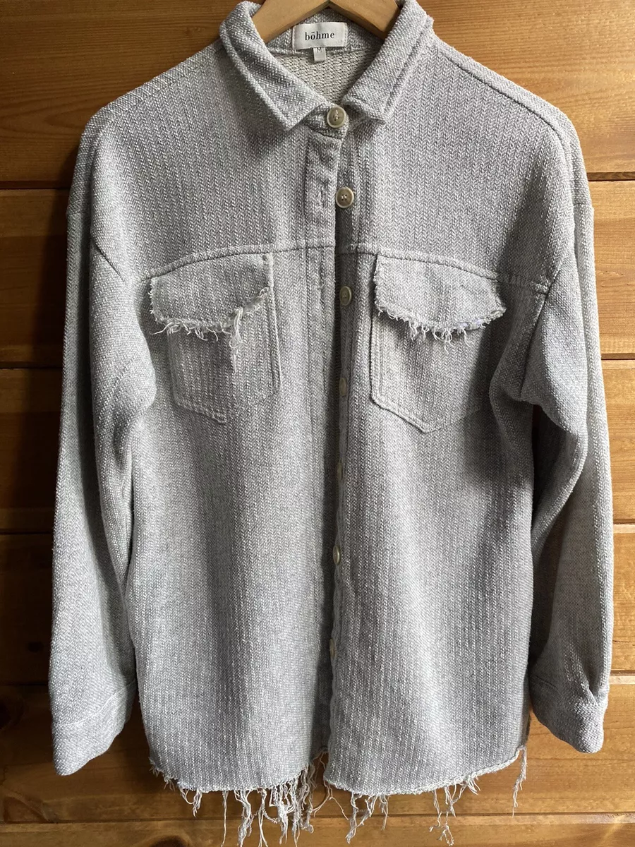 BOHME Shacket Women's Shirt Jacket Ivory Gray Button Raw Edge Fringe MEDIUM  | eBay