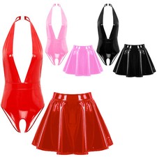 Women Leather Lingerie Set Halter Deep V Leotard Crotch Opening Bodysuit Skirts
