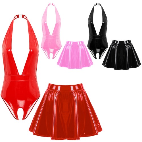 UK Women Wet Look Patent Leather Leotard with Mini Skirt  Lingerie Set Clubwear - Afbeelding 2 van 47