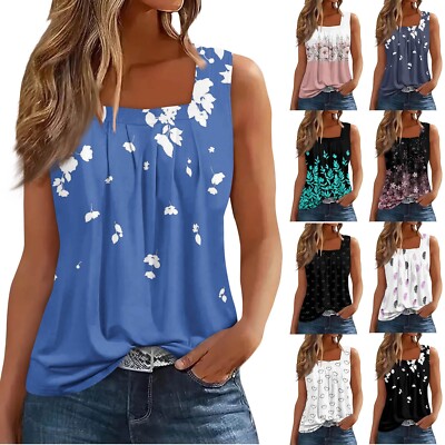 Womens Tank Tops Summer T Shirts Floral Sleeveless Casual Loose Tunic Blouses