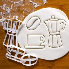 Set of 3 Cookie Cutters - Moka Pot, Coffee Bean, Cup barista cafe espresso maker