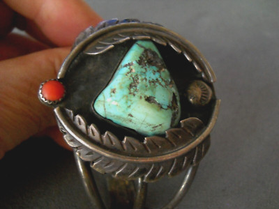 Old Southwestern Native American Turquoise & Coral Sterling Silver Cuff Bracelet