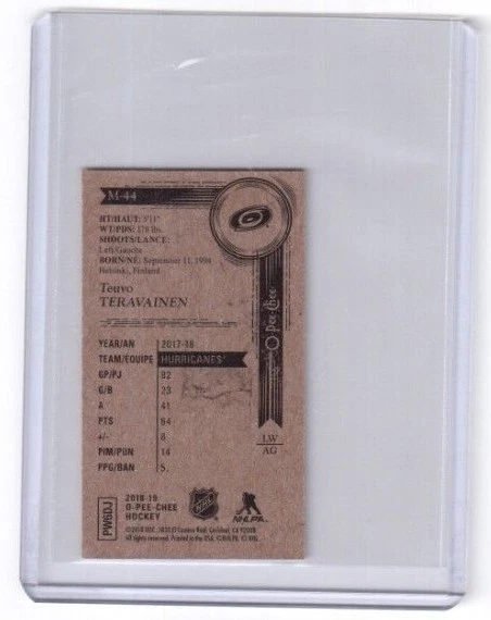 2018-19 O Pee Chee Mini M-44 Teuvo Teravainen Carolina Hurricanes Center - Image 2 of 2