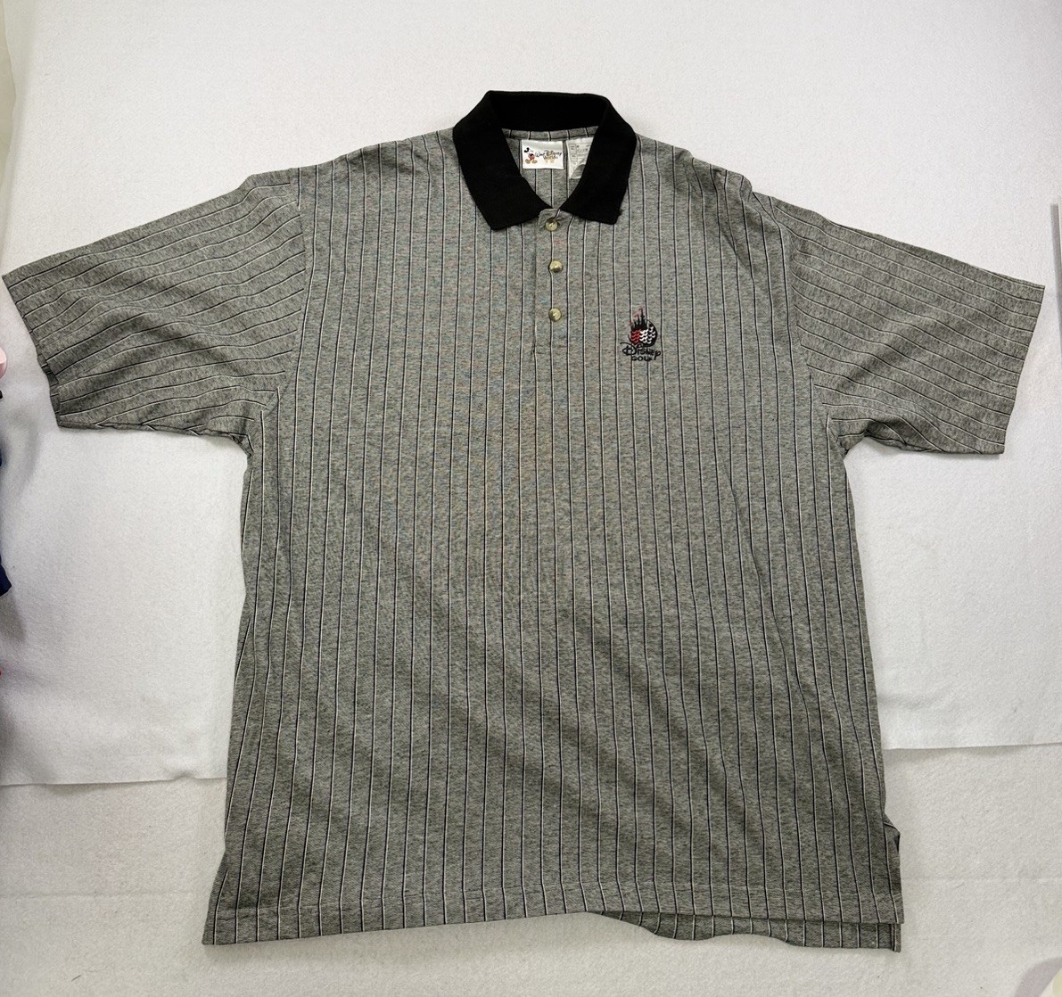 Vintage Walt Disney World Mens XL Polo Gray Vertical Stiped Disney Golf 90’s NWT