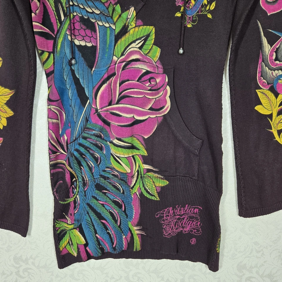 De Colección Christian Audigier Sudadera con Capucha Suéter M Marrón Cremallera Pavo Real Gráfico Tachonado Foto 3 de 4