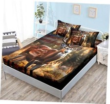American Flag Deer Bedding Twin,1 Fitted Sheet and 2 Twin 39"*75" Brown-red