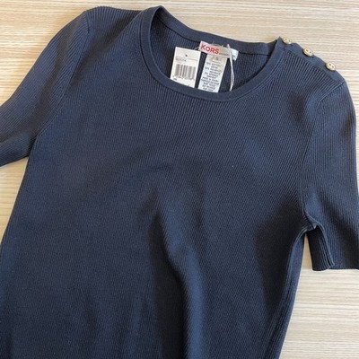 KORS Michael Kors Womens Ink Navy Ribbed Button Shoulder Knit Top D21825K New