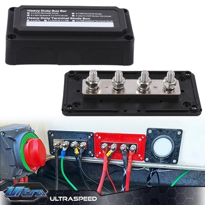 Heavy Duty 4 Way Bus Bar/Power Distribution Box Terminal Studs 300A 48V DC Black