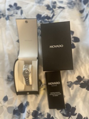 MOVADO WOMENS SILVER WATCH WITH DIAMOND AT 12 O CLOCK, ALL ACCESSORIES,!