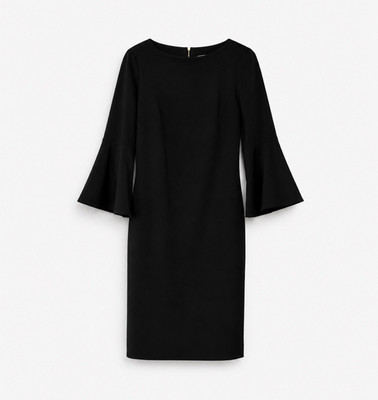 Calvin Klein Black Solid Shift Dress Size 2 3/4 Bell Sleeve Crew Neck Zip Knee