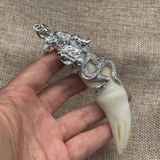 Tibetan Silver Inlaid Statue of Guan Gong, Tiger Tooth Pendant Handicraft