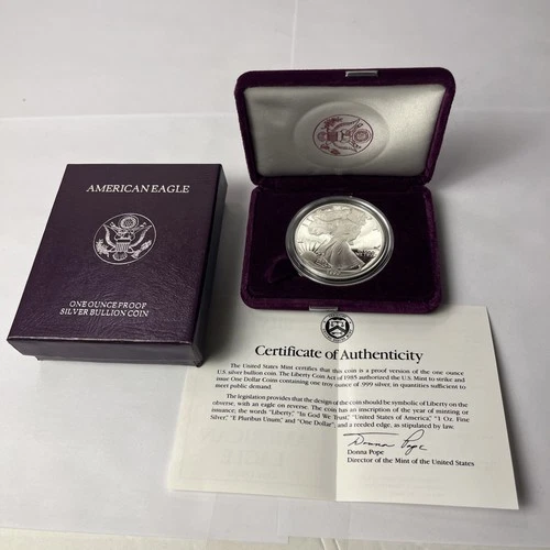 1990-S Proof American Silver Eagle Dollar - .999 Silver W/ Box & COA