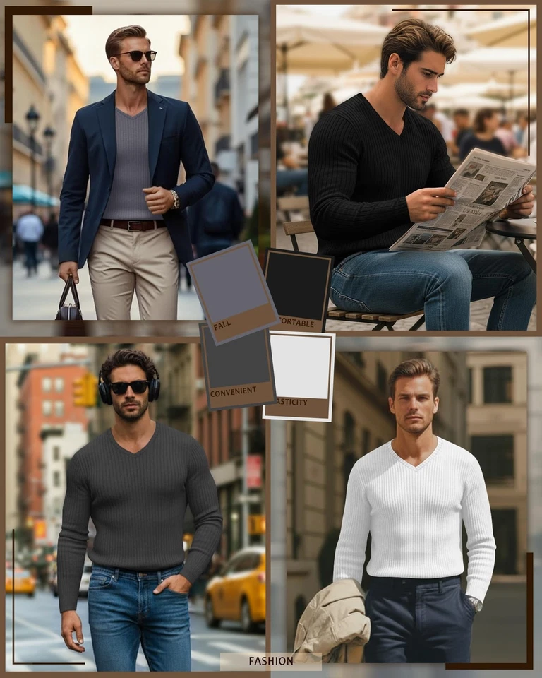 Paquete de 4 camisas de algodón térmico de manga larga acanaladas con cuello en V para hombre otoño invierno... Foto 3 de 4
