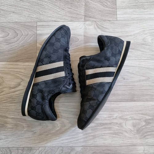 Gucci Shoes Men's Black Navy Guccissima Canvas Suede Web GG Sneakers Size 8 Us - Picture 2 of 17