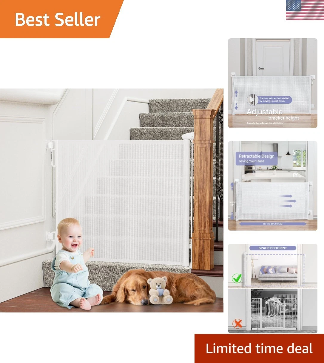 Easy One-Handed Retractable Baby Gate - 54" Wide, 33" Tall, No Drilling Needed
