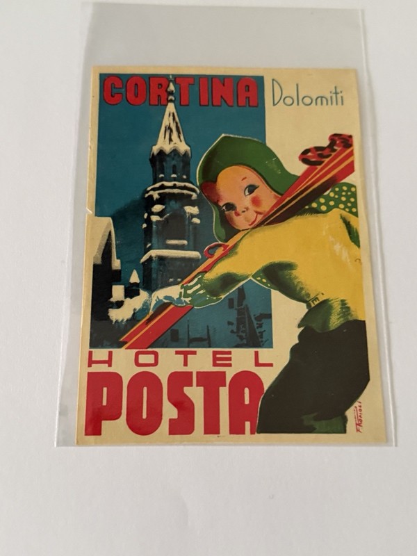 Cortina Italy Vintage Ski Label Hotel Posta 1940s By Romoli -OLYMPICS Venue