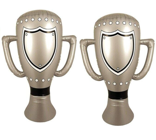 2 x CUP FINAL TROPHY'S GIANT INFLATABLE 60cm SILVER WINNERS FOOTBALL PARTY PROP - Picture 1 of 2