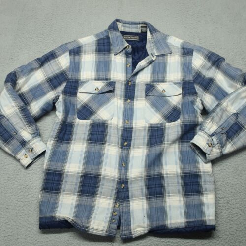 David Taylor Flannel Shirt Jacket Men Medium Tall 46x30 Blue Plaid Quilt Lined