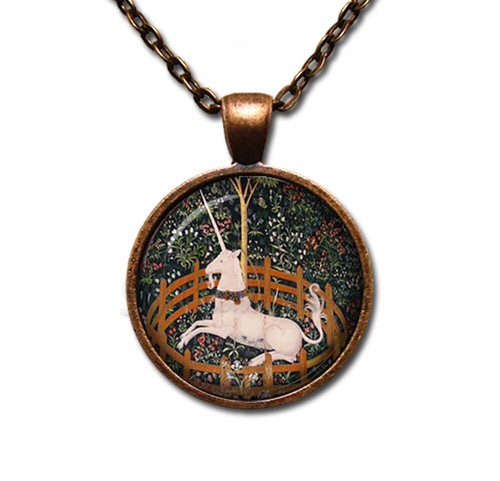 Unicorn in Captivity Tapestry Art - Handmade Round Glass Pendant Necklace - Picture 7 of 10