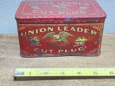 VINTAGE UNION LEADER CUT PLUG HINGED TOP TOBACCO TIN 6”X  3.5 “X  3”