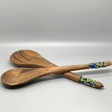 Vtg WOOD SALAD FORK SPOON (tongs) SET - BEADED Handles Seed Beads
