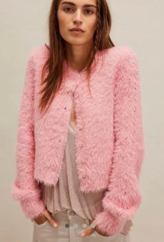 Free People Celeste Fuzzy Cardigan Sweater Bubblegum Pink Heart Buttons NWOT M