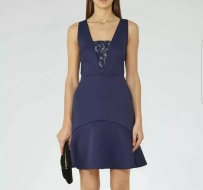 reiss Hudson Chic Navy indigo Dress fit and flare lace insert Size 