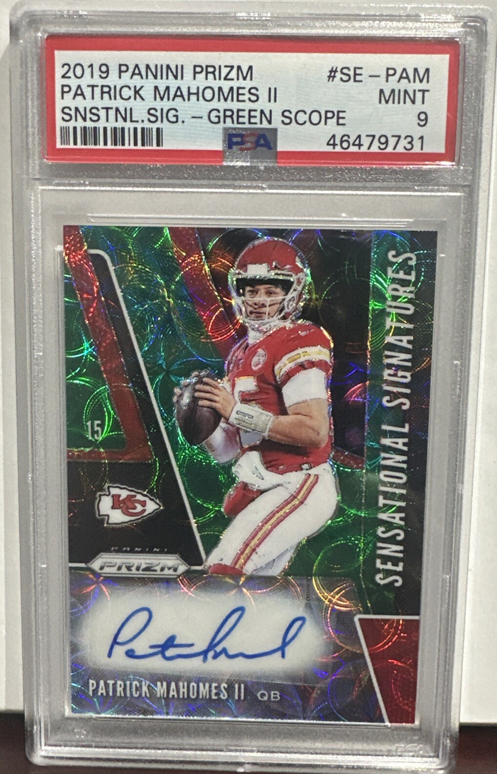 2019 Prizm Patrick Mahomes Sensational Signatures Green Scope Auto  03/15 SE-PAM