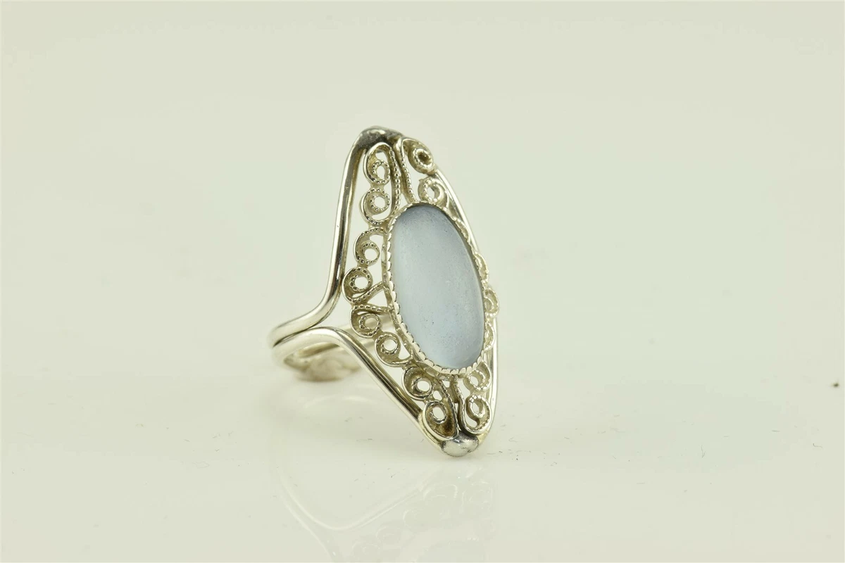 Sterling Silver 5ct Blue Iridescent Oval Filigree Ring 925 Adj. Sz
