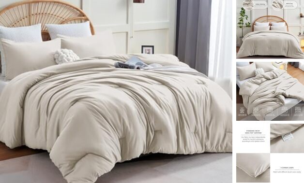 Comforter Set Size, 3 Pieces Boho Solid Breathable Quilted Style Queen Beige