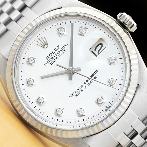 MENS ROLEX DATEJUST WHITE DIAMOND 18K WHITE GOLD BEZEL STAINLESS STEEL WATCH