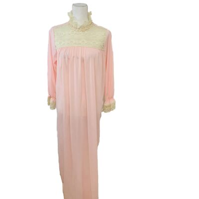 Vintage Nylon Nightgown Small Pink Long Lace High Neck Ruffle Sleeve Modest