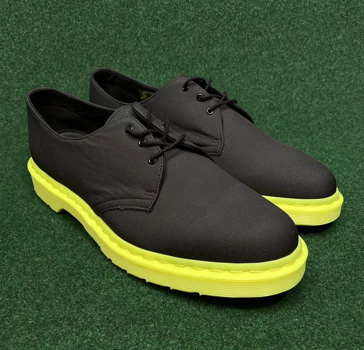DR MARTENS Leather Shoes 1461 Black Ajax 3 Eye Air Cushioned Neon Green Sole
