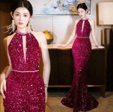Gorgeous Diamante Sequins Halterneck Bodycon Fishtail Gown Party Evening Dresse