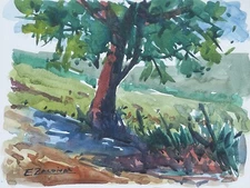 Enrique Zaldivar, Original Watercolor Painting, Landscape, Impressionist, Tree