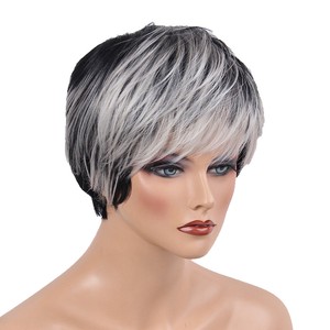 Women Human Hair Wig Short Black Blend White Layered Oblique