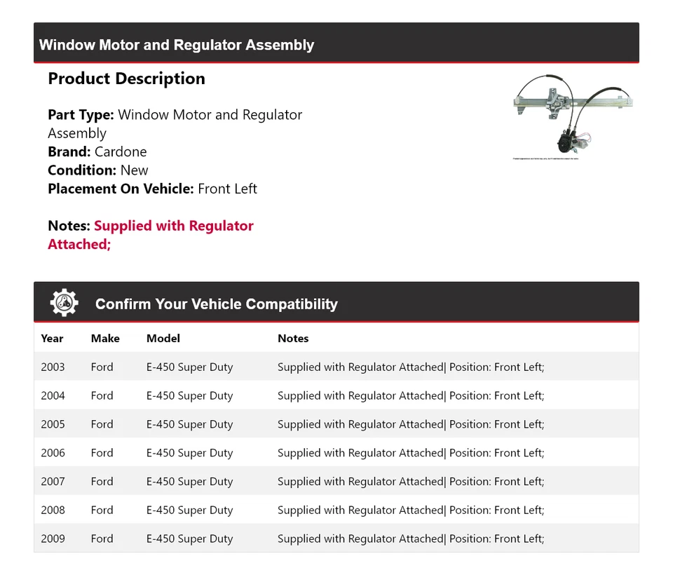 Motor/regulador de ventana Cardone 2004 2005 para Ford E-450 Super Duty 2003-2009 Foto 2 de 4