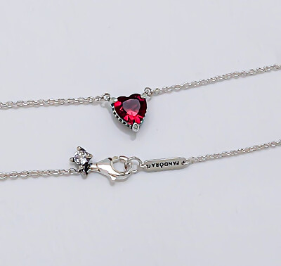 PANDORA red charm×silver chain necklace Engravable January Red Stone Heart Charm | Sterling silver