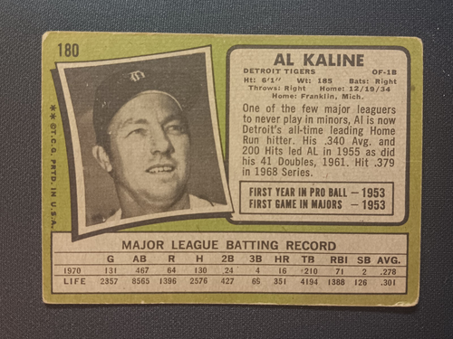 1971 Topps Al Kaline #180 (basso grado) - Foto 2 di 2