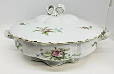 Vintage R.S.A.G. Bavaria Porcelain Covered Serving Dish Flowers Gold Trim Footed