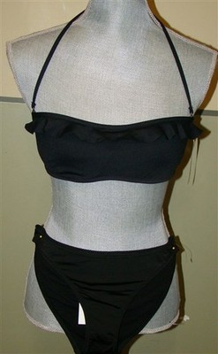 NWT BCBG Max Azria Ruffle Bikini Bandeau Top & Bottom Black M 100094