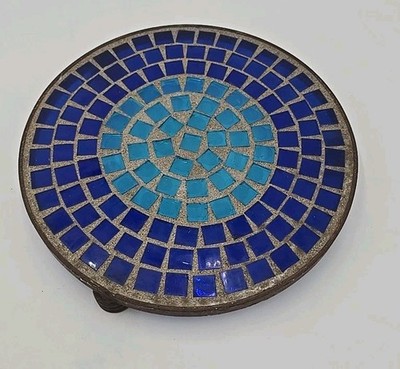 Mosaic Tile Glass Trivet Flower Artist Piece Plant Stand Boho Blue Coastal
