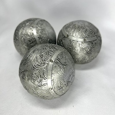 3 Decorative Silver-Colored Metal Balls Sphere Orb 3  Embossed Pattern Handmade?