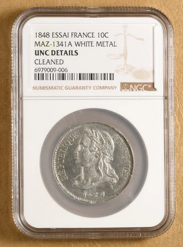 1848 Essai France 10 Centimes on White Metal 'MAZ-1341A' NGC UNC Details