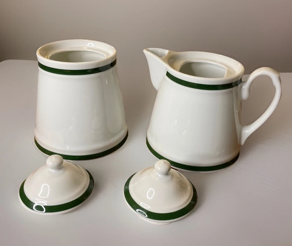 Williams Sonoma Brasserie Sugar & Creamer Set W/Lids White Green Band Japan - Image 4 of 4